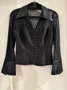 connected apparel Black Textured Button-Front Blouse with Sheer Details